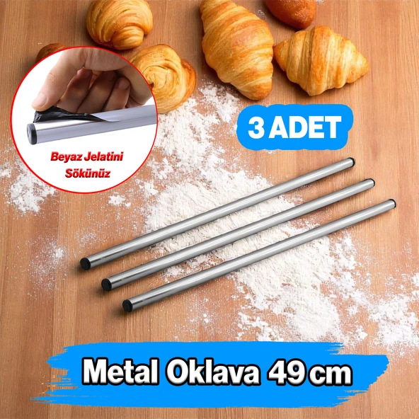 (3 Adet) Alüminyum Silindir Yuvarlak Metal Oklava 49 cm Mutfak Börek Hamur Un Yufka Açma Krom Renk ürün görseli 1
