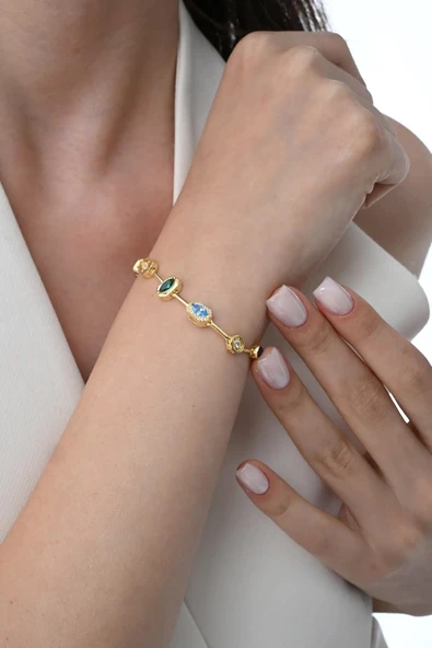 Gümüş altın yaldızlı asimetrik kesim renkli zirkon taşlı bileklik  SGTL12865GOLD ürün görseli 1