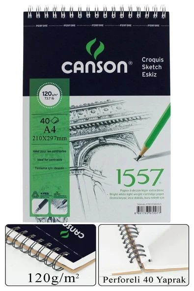 Telli Eskiz Defteri Canson 1557 A4 Spiralli 40 Yaprak 1 Adet 120 gr 210x297 mm Üstten Açılmalı Karakalem Sketch Book ürün görseli 1