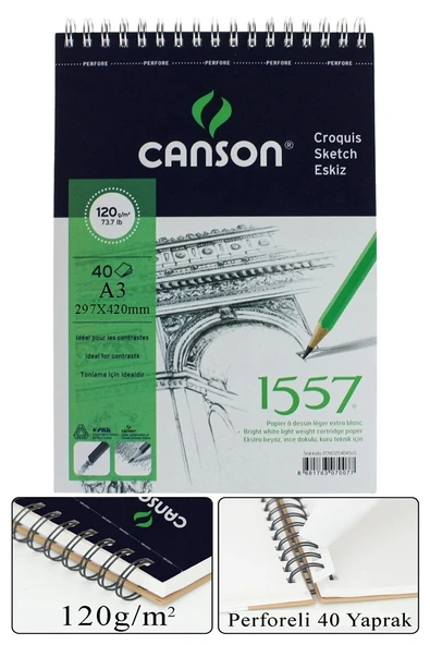 Telli Eskiz Defteri Canson 1557 A3 Spiralli 40 Yaprak 1 Adet 120 gr 297x420 mm Üstten Açılmalı Karakalem Sketch Book ürün görseli 1