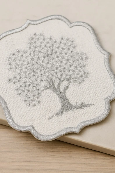 Gri Meşe 6'lı Linen Keten Kahve Yanı Kokteyl Sunum Parti Peçetesi Nakış Işlemeli Sunumluk 4