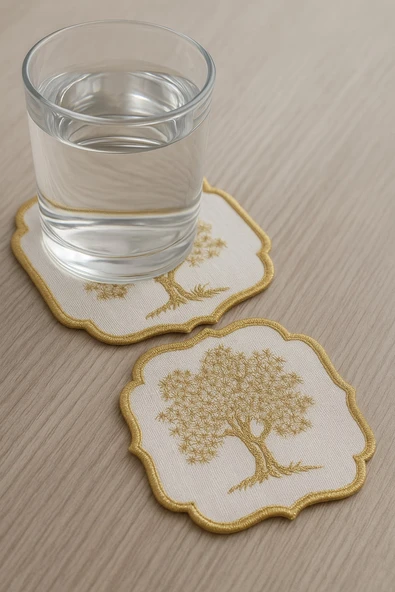 Altın Meşe 6'lı Linen Keten Kahve Yanı Kokteyl Sunum Parti Peçetesi Nakış Işlemeli Sunumluk 2