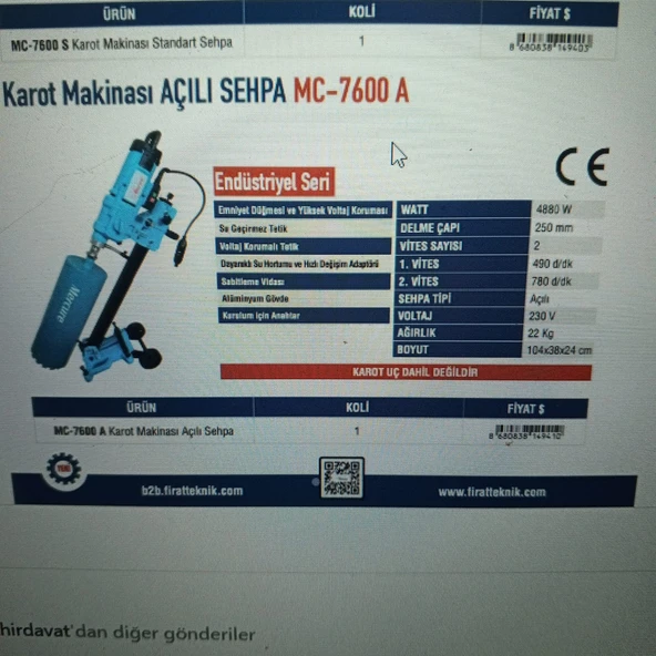 Mercure Endüstriyel Karot Makinası Açılı Sehpa MC-7600 A ürün görseli 1