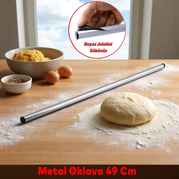 Yuvarlak Silindir Alüminyum Metal Oklava Tekli 49 cm Mutfak Börek Hamur Un Yufka Açma Krom Renk ürün görseli 1