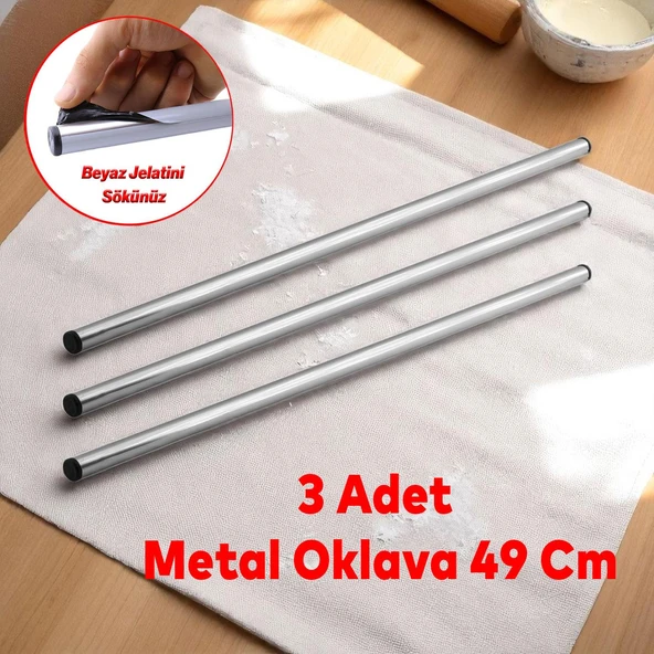Yuvarlak Silindir Alüminyum Metal Oklava 49 cm Mutfak Börek Hamur Un Yufka Açma Krom Renk (3 Adet) ürün görseli 1