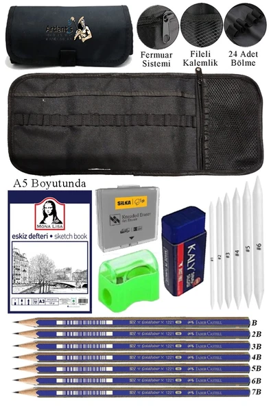 A5 Telli Eskiz Defteri Monalisa Spiralli Karakalem Rulo Kalemlik Siyah 24 Bölmeli Dereceli Kalem Gölgeleme Dağıtma Silgi ürün görseli 1
