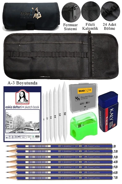 A3 Telli Eskiz Defteri Monalisa Spiralli Karakalem Rulo Kalemlik Siyah 24 Bölmeli Dereceli Kalem Gölgeleme Dağıtma Silgi ürün görseli 1
