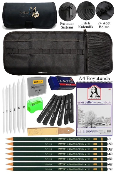 A4 Telli Eskiz Defteri Monalisa Spiralli Kömür Kalem Karakalem Rulo Kalemlik Siyah 24 Bölmeli Dereceli Kalem Gölgeleme ürün görseli 1