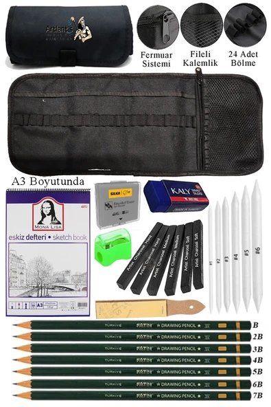 A3 Telli Eskiz Defteri Monalisa Spiralli Kömür Kalem Karakalem Rulo Kalemlik Siyah 24 Bölmeli Dereceli Kalem Gölgeleme ürün görseli 1