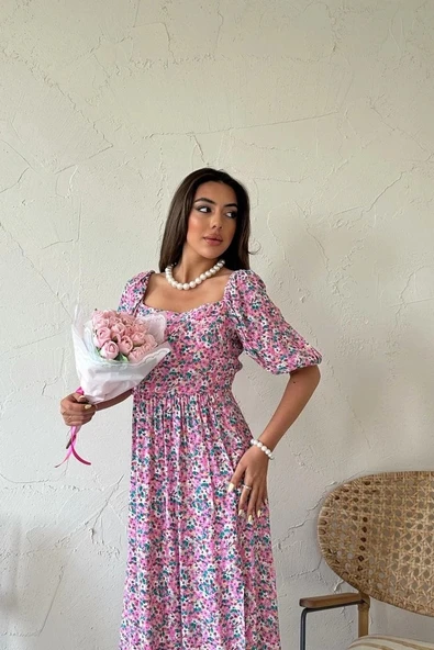Fuşya Çiçek Desenli Elbise - Resim 3