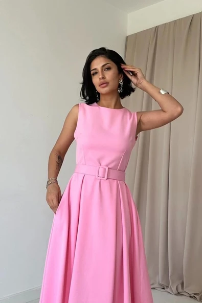 Fuşya Halter Yaka Kloş Elbise - Resim 2