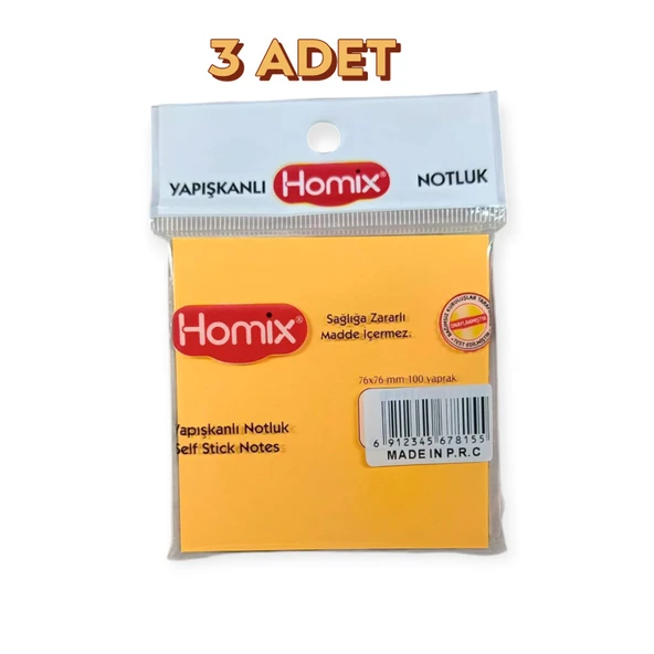Homix 3 ADET Yapışkanlı Notluk 76 x 76 cm Neon Renkler 100 Yp ürün görseli 1
