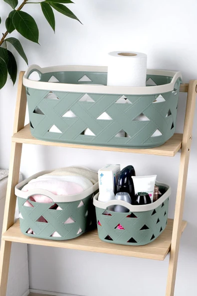 3lü Dekoratif Deri Görünüm Dolap İçi Düzenleyici Saklama Kutusu Mutfak Banyo Organizer Sepet Yeşil ürün görseli 1