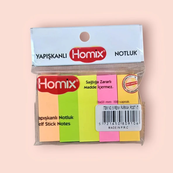 Homix Yapışkanlı Renkli Parmak Post-it Notluk 5'li (1 Paket) ürün görseli 1