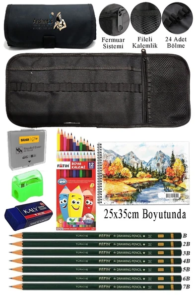 Resim Defteri 25x35 cm 12 Renk Kuru Boya Dereceli Kurşun Kalem Rulo Kalemlik 24 Bölmeli Hamur Silgi Kalemtraş Görsel ürün görseli 1