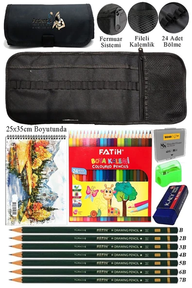Resim Defteri 25x35 cm 24 Renk Kuru Boya Dereceli Kurşun Kalem Rulo Kalemlik 24 Bölmeli Hamur Silgi Kalemtraş Görsel ürün görseli 1
