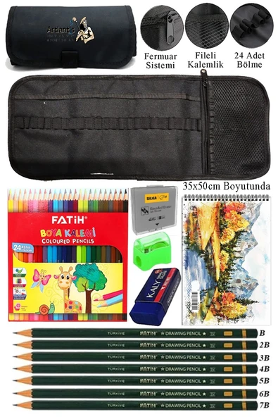 Resim Defteri 35x50 cm 24 Renk Kuru Boya Dereceli Kurşun Kalem Rulo Kalemlik 24 Bölmeli Hamur Silgi Kalemtraş Görsel ürün görseli 1