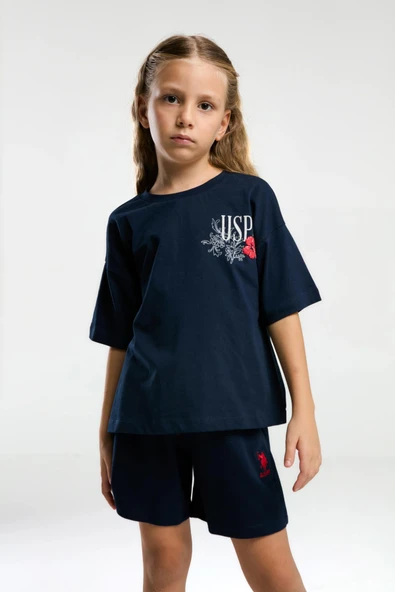 U.S. Polo Assn. 2072 Garson Çiçek Desenli Kız Çocuk Lacivert Bisiklet Yaka Kısa Kollu Şort  Pijama Takım ürün görseli 1