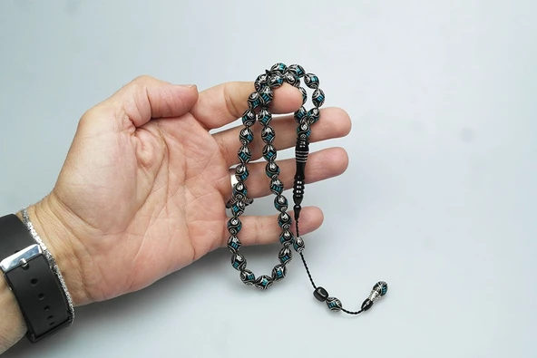 BlackCraft Oltu Taşı Mavi İşlemeli Tespih - Resim 8