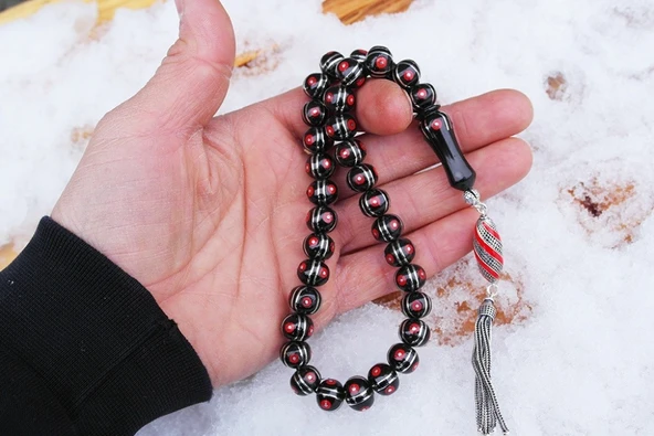 BlackCraft Oltu Sıkması Basık Model Mercan İşlemeli Tespih - Resim 7