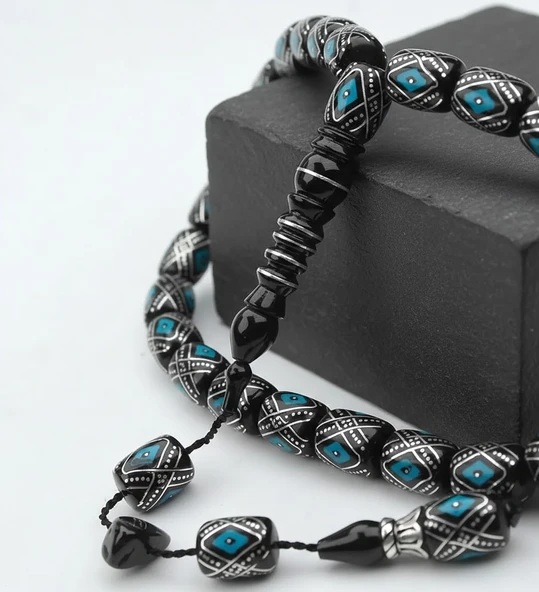 BlackCraft Oltu Taşı Mine İşlemeli Kapsül Model Tespih - Resim 2