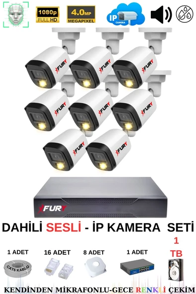 FURY Ip Güvenlik Kamera Seti 8 Kameralı Sesli 4mp Gece Renkli Su Geçirmez Ip5515s 1tb ürün görseli 1