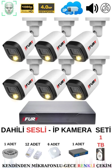 FURY Ip Güvenlik Kamera Seti 6 Kameralı Sesli 4mp Gece Renkli Su Geçirmez Ip5515s 1tb ürün görseli 1