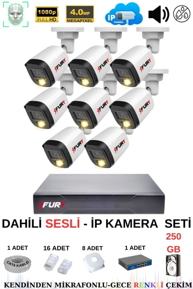 FURY Ip Güvenlik Kamera Seti 8 Kameralı Sesli 4mp Gece Renkli Su Geçirmez Ip5515s 250gb ürün görseli 1
