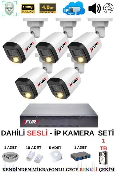 FURY Ip Güvenlik Kamera Seti 5 Kameralı Sesli 4mp Gece Renkli Su Geçirmez Ip5515s 1tb ürün görseli 1