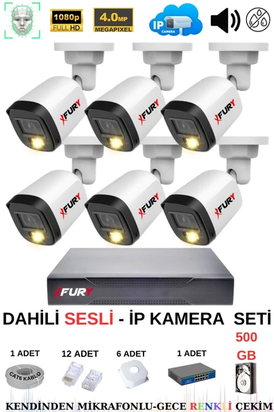 FURY Ip Güvenlik Kamera Seti 6 Kameralı Sesli 4mp Gece Renkli Su Geçirmez Ip5515s 500gb ürün görseli 1