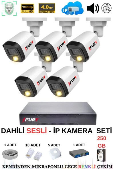 FURY Ip Güvenlik Kamera Seti 5 Kameralı Sesli 4mp Gece Renkli Su Geçirmez Ip5515s 250gb ürün görseli 1