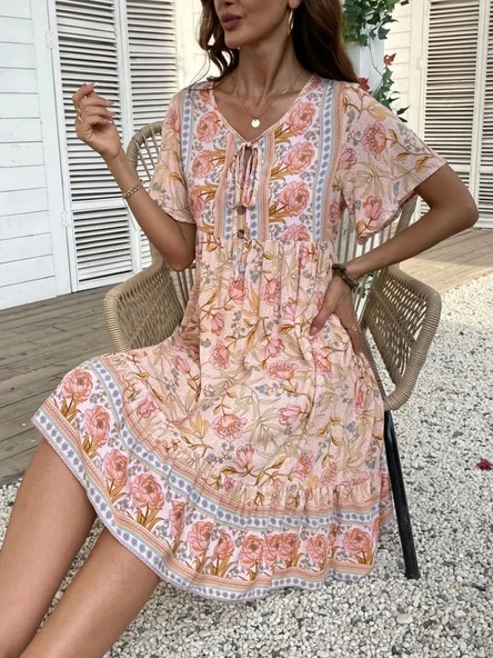 Kadın Kısa Kollu Yakası Bağcıklı önden Düğmeli Fırfır Desenli Süprem Elbise ürün görseli 1