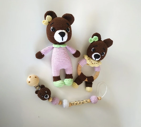Pijamalı Ayıcık Kız Bebek Yenidoğan Set Amigurumi Organik Oyuncak ürün görseli 1