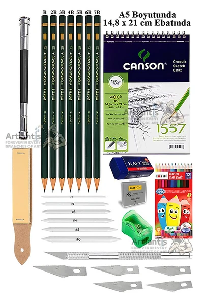 Canson Eskiz Defteri A5 40 Yaprak Fatih Dereceli Kalem Kretuar 12 Renk Kuru Boya Sketch Karakalem 6 lı Gölgelendirme ürün görseli 1