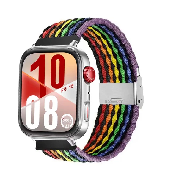 Huawei Watch Fit 4 Fit 4 Pro İle Uyumlu Metal Klipsli Solo Fiberlink Yumuşak Kumaş Örgü Kordon  Gökkuşağı Siyah ürün görseli 1