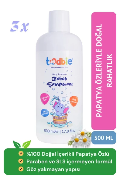 TODBİE 500mlx3 Adet Bebek Saç & Vücut Şampuanı,göz Yakmayan,boyasız,alkolsüz,parabensiz,sles Içermez ürün görseli 1