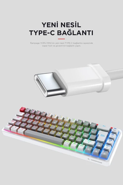 Rampage YORU Mini Gri/Beyaz Type-C Bağlantılı OUTEMU Red Swich Q Mekanik Gaming Oyuncu Klavye RGB ürün görseli 1