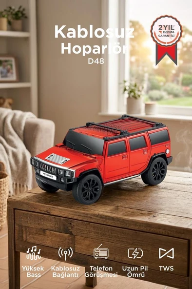 Bluetooth Hoparlör Araba Tasarımlı USB TWS FM Destekli Speaker D48 Kırmızı ürün görseli 1