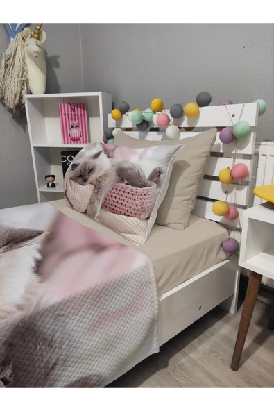 4 Parça KEDİ Desenli Lastikli Çarşaflı Tek Kişilik PİKE Yatak Örtüsü Takımı ürün görseli 1