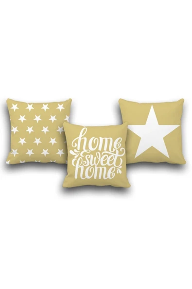 yok yok evim eve dair her şey Çift Taraflı  Yıldız ve Home Sweet Home Dijital Baskılı Kırlent Kılıfı 3 lü Set ürün görseli 1