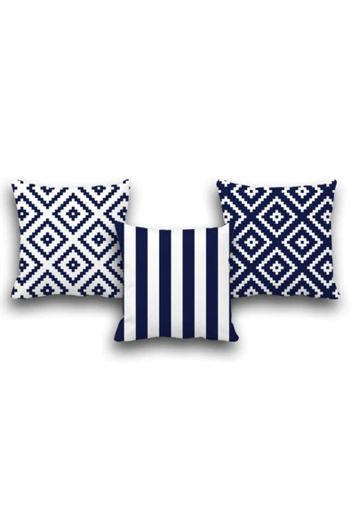 yok yok evim eve dair her şey Çift Taraflı 3 Lü Set Lacivert Geometri Desen 43x43 Dijital Baskılı Kırlent Kılıfı ürün görseli 1