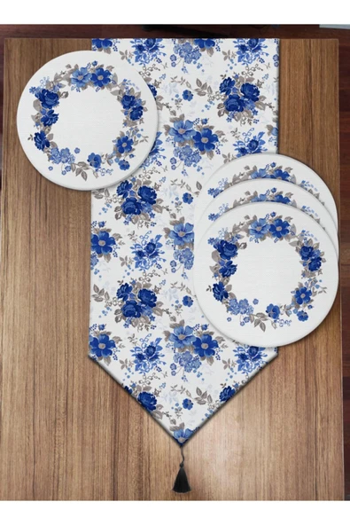 Mavi Çiçek Desenli 6'lı Supla ve Runner Set ürün görseli 1