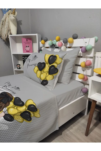 4 Parça BALONLU KIZ Desenli Lastikli Çarşaflı Tek Kişilik PİKE Yatak Örtüsü Takımı ürün görseli 1