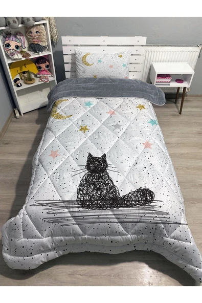 Pusula Home Welsoft Pofuduk Çift TaraflıKEDİ VE YILDIZLAR Desenli Tek Kişilik Yorgan Uyku Seti ürün görseli 1
