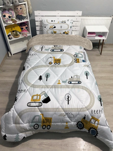 Pusula Home Welsoft Pofuduk Çift Taraflı KEPÇE İŞ MAKİNALARI Desenli Tek Kişilik Yorgan Uyku Seti ürün görseli 1