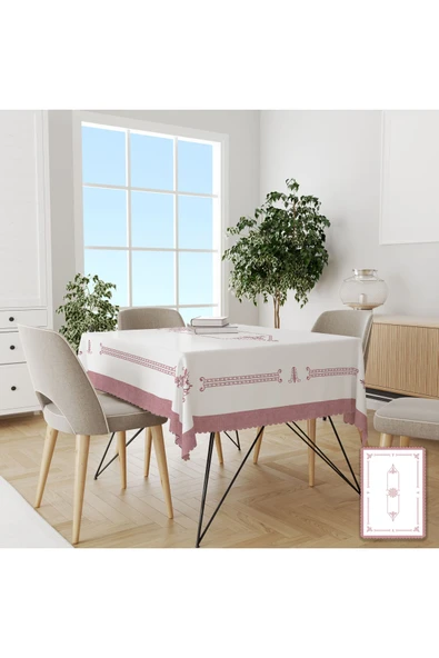 Pusula Home PEMBE Nakış Efektli Lale Desenli Baskılı Dekoratif Dertsiz Masa Örtüsü ürün görseli 1