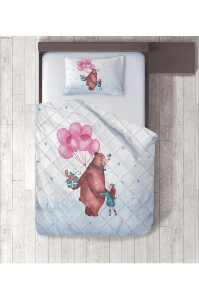 Balon Ve Hediye Veren Ayı Dijital Baskılı Tek Kişilik Yorgan Set ürün görseli 1