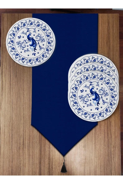 Pusula Home Lacivert Tavuskuşu Detaylı 6'lı Supla Ve Runner Set ürün görseli 1