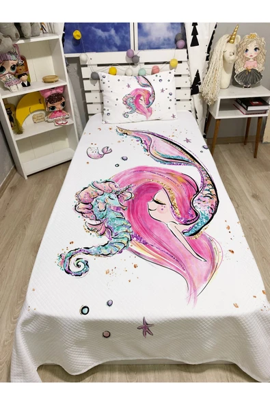 Pembe Saçlı Denizkızı Tek Kişilik Pike ve Yastık Kılıfı ürün görseli 1