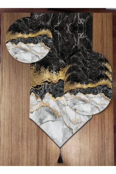 Pusula Home Gold Detaylı Mermer Desen 6'lı Supla Ve Runner Set ürün görseli 1